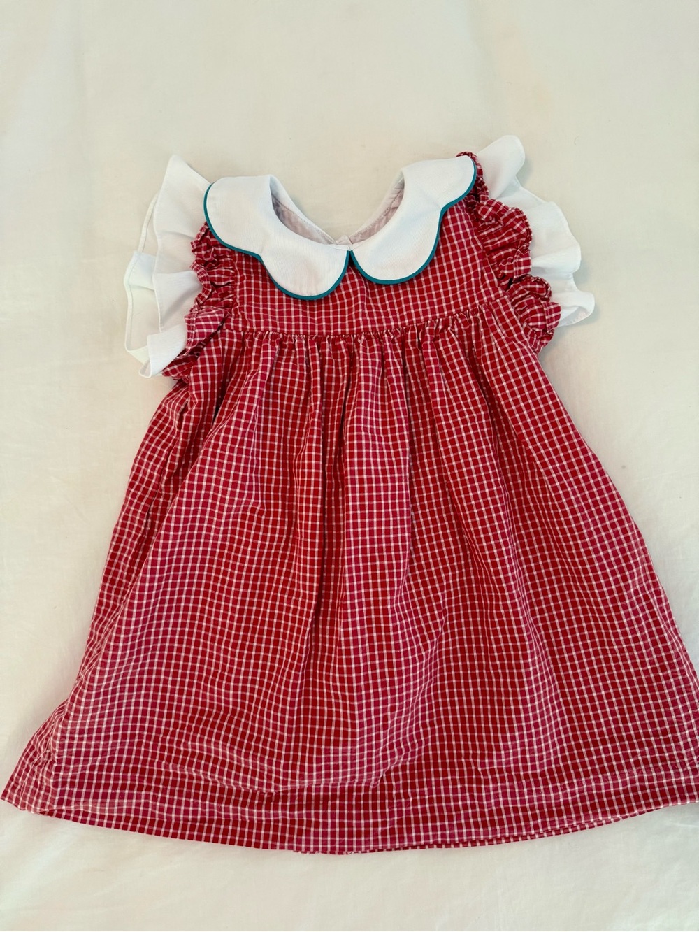 Bella Bliss Red Gingham Ruffle Sleeve Dress w/ White Peter Pan Collar. Size 4.